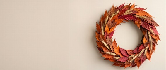 Cropped autumn wreath of dried leaves and wheat
