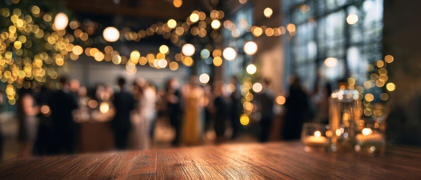 The wooden table in the foreground at a blurred festive wedding reception