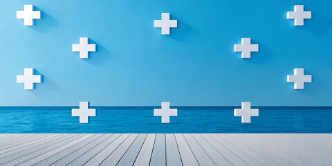 Naklejka premium Abstract background with white plus symbols on a blue wall above a wooden floor with a subtle shadow effect, representing a clean and modern aesthetic