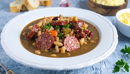 Hearty bean and sausage stew in a bowl