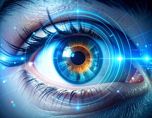 A biometric iris scan for identity verification. A futuristic concept of personal cybersecurity and encryption