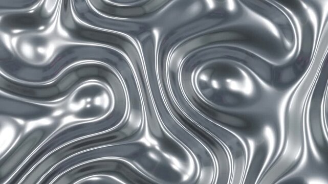 Silver chrome abstract graphics background animation with silk moving waves, shiny and glossy metallic seamless 4K loop video animation, 3D silver texture design.