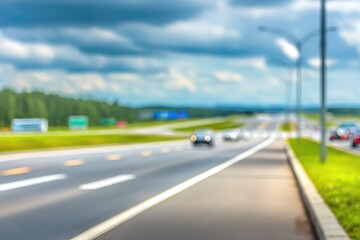Fototapeta premium Out-of-focus highway with moving cars under a cloudy sky, adjacent to a vibrant green verge