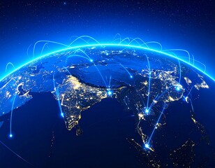 Secure, encrypted data streams connecting cities on a global map. A concept for VPN and global network security.