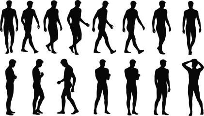 Silhouettes of men walking and standing, casual poses, male figures in motion and contemplation, black vector isolated on white