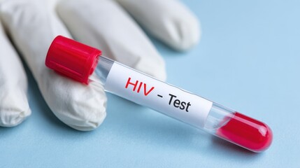 A blood sample labeled HIV Test is resting on a light blue surface alongside a pair of white gloves, emphasizing the importance of health testing and awareness in medical practices