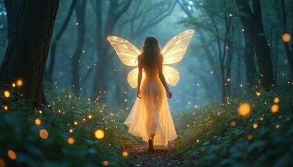 A glowing fairy with luminous wings walks through a mystical forest path. Sparkling fireflies illuminate the enchanted scene. This magical woodland ambiance evokes wonder and fantasy.