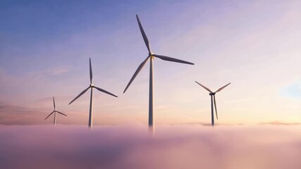 Renewable energy wind turbines spinning against pink clouds at sunset. Clean electricity, sustainable development, eco-friendly power production.