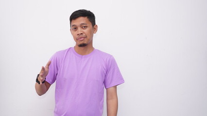 Asian Young men gesturing sign language isolated on white background