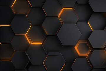 Black background with orange glowing geometric shapes, dark and modern technology style, with black squares arranged in an octagonal pattern