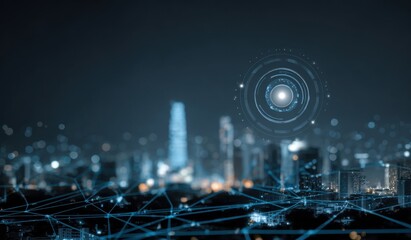 Futuristic city skyline overlaid with digital network connections and interactive interface