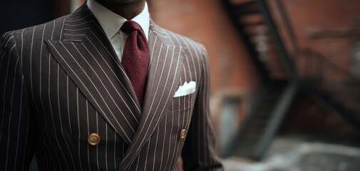 The elegant double-breasted suit with red tie against an urban backdrop.