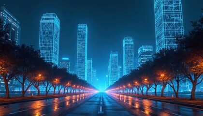 Futuristic digital cityscape at night, rendered in wireframe style. Tall buildings with neon blue glow line an urban street. Wet road reflects orange streetlights and city lights.