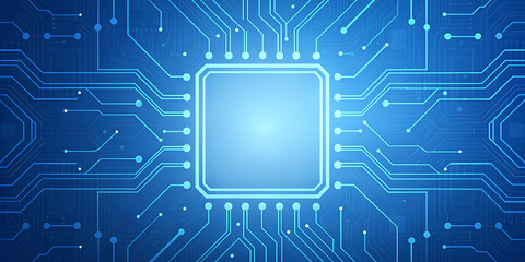 Futuristic microchip design embedded in a vibrant blue circuit board, symbolizing technological advancement and the core of electronic intelligence and data processing