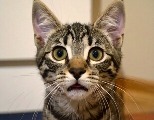 Curious tabby cat with wide eyes indoors