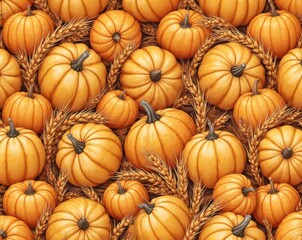 Small Yellow Pumpkins with Wheat Stalks in Harvest Display