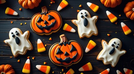 Playful top-down view of decorated Halloween cookies and scattered triangular candy corn

