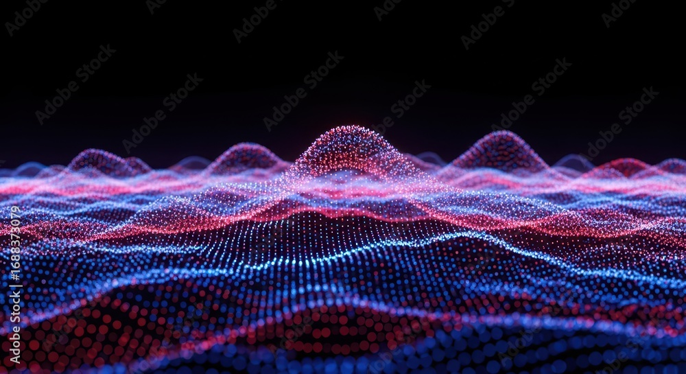 Poster abstract digital wave of blue and red particles creating a futuristic landscape with depth
