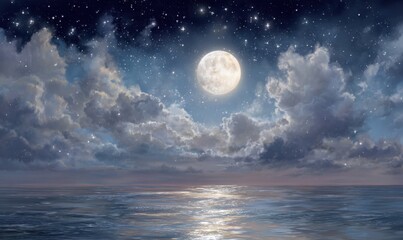Full moon over a tranquil ocean at night, dotted with stars and clouds