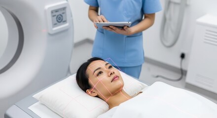Fototapeta premium Medical professional monitoring a patient undergoing a CT scan for diagnostic imaging purposes