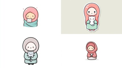 Cute hijabi girls holding cats, with pastel colors, adorable cartoon style