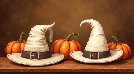 Halloween Witch Hats with Pumpkins on Wooden Surface in Warm Light
