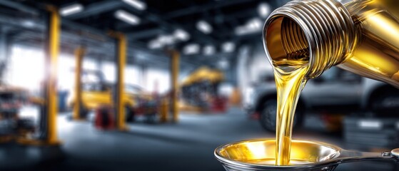 The Motor Oil Pouring into Funnel in Blurred Auto Repair Garage