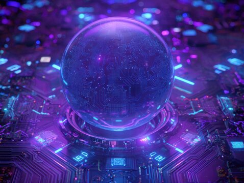 A glowing, crystal sphere rests on a circuit board.  Neon lights illuminate the intricate tech - Powered by Adobe