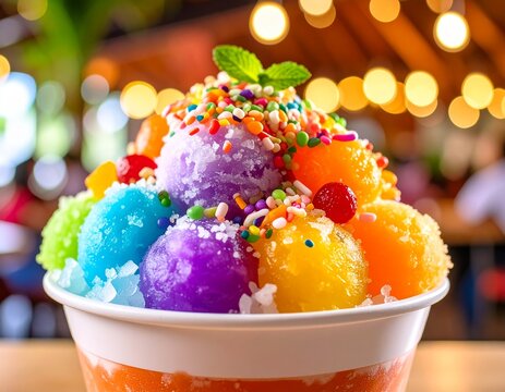 Kakigori japońskie lody ze struganego lodu polany syropem