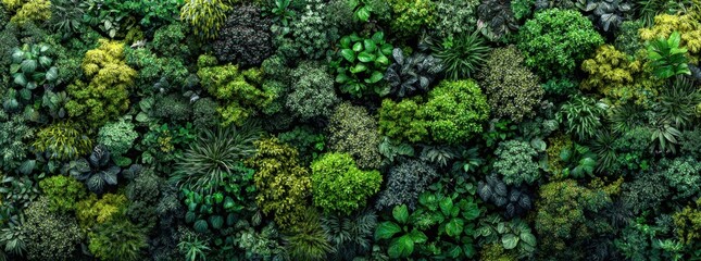 Lush green wall of various plants and moss