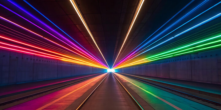 Long exposure photograph capturing the vibrant, multicolored light trails of a high-speed journey through a futuristic, dark tunnel - Powered by Adobe