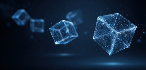 Abstract digital cubes in motion against a dark background.  Light blue translucent cubes with a network of lines/points.  Floating in space