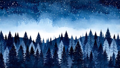 Watercolor Painting of Evergreen Forest at Night with Starry Sky