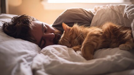 Ultimate Relaxation: The Heartwarming Bond of a Man and His Cat Napping in a Cozy Bed