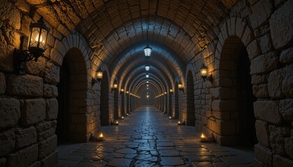 Mysterious Medieval Corridor: A Digital Rendering of a Dark, Enchanting Stone Passageway Lit by Candles and Wall Lanterns