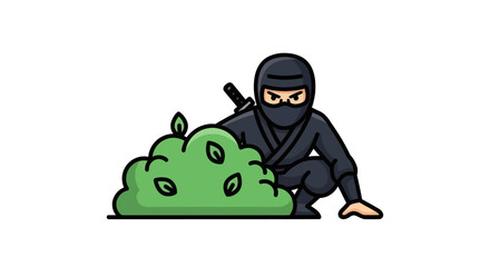 Cartoon Ninja Crouching Behind a Bush with Katana.