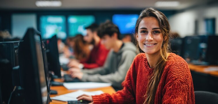 The smiling student enjoying a collaborative learning experience in a computer lab. - Powered by Adobe
