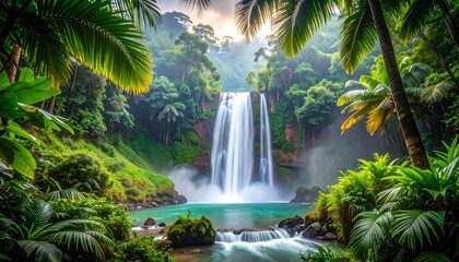 Waterfall Flowing in Lush Tropical Rainforest Scene