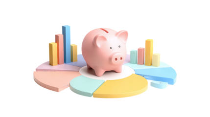 Piggy Bank on Pie Chart with Bar Graph for Savings