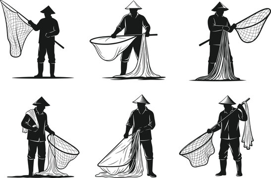 Fisherman with fishing net, cad drawing flat vector illustration, black and white traditional fishing design, conical hat, cultural attire, artisanal fishing, Southeast Asia