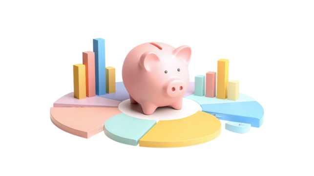 Piggy Bank on Pie Chart with Bar Graph for Savings - Powered by Adobe