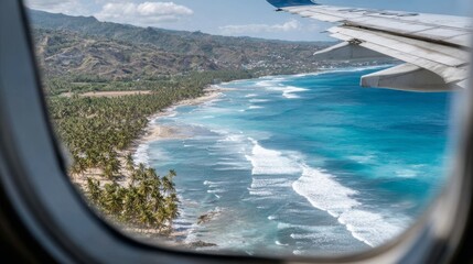 Fototapeta premium Flying over a stunning tropical landscape with palm trees lining the beach and waves hitting the shore