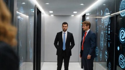 Elevator Meeting: Two smartly dressed businessmen engage in a conversation within a modern, reflective elevator, their focused expressions hinting at an important business discussion and negotiation.