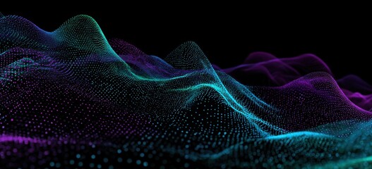 Abstract digital landscape with undulating patterns of glowing, colored points on a black background