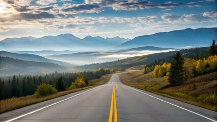 Fototapeta premium Scenic Mountain Highway with Forest and Blue Sky Landscape