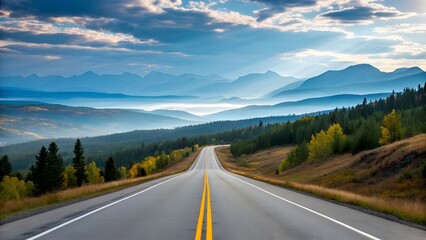 Fototapeta premium Scenic Mountain Highway with Forest and Blue Sky Landscape