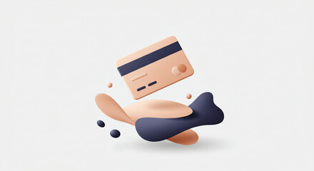 A peach-colored credit card floats above abstract, dark-grey liquid shapes.
