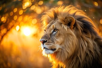 Fototapeta premium Majestic Lion Portrait with Golden Light in the African Savannah at Sunset