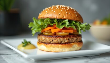 Japanese style tofu burger, served on minimalist square plate. Includes fresh lettuce, sliced carrots, pickles, wasabi mayo sauce. Elegant lighting creates crisp highlight on sesame seed bun.