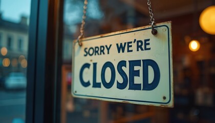 Vintage Sorry Were Closed sign hanging in shop window. Classic retro signboard informs customers about temporary closure, break or holiday. Retail business message, notice for customers.